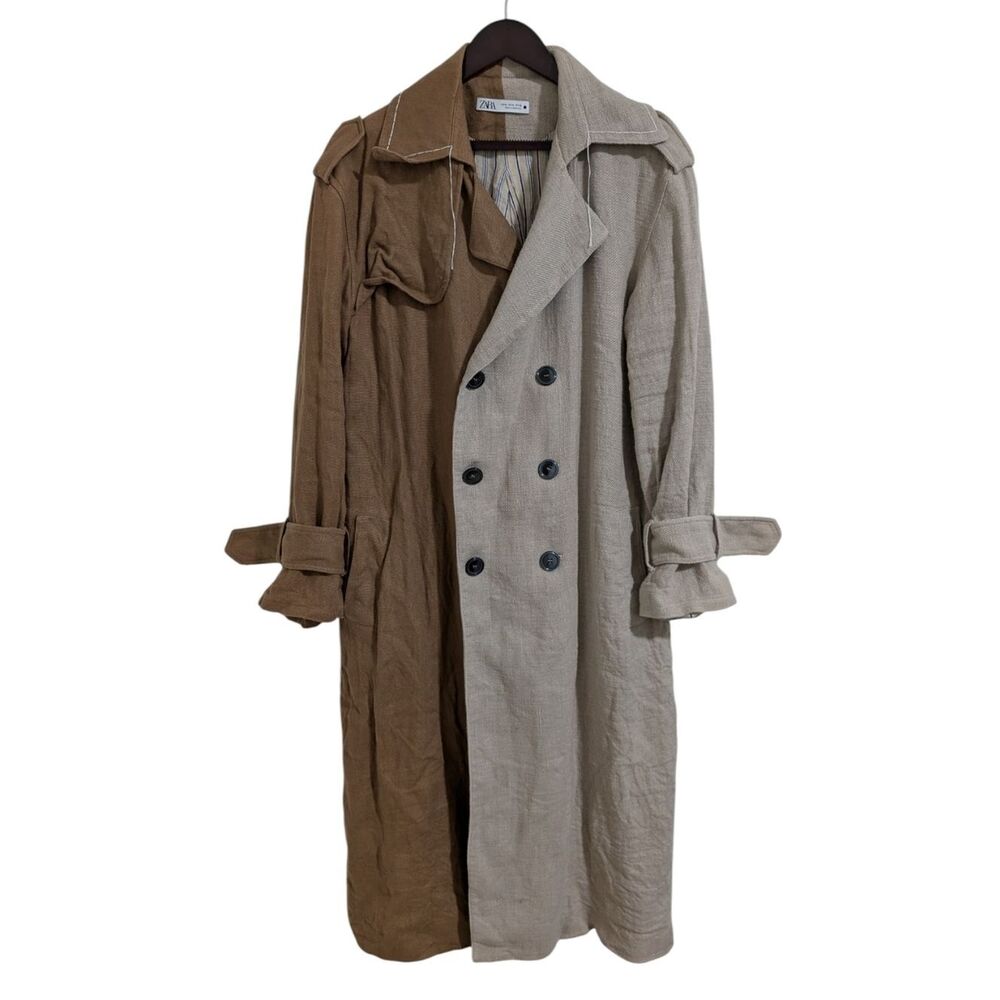 ​Zara Women's Two-Tone 100% Linen Oversized Trench Coat Size M - Picture 2 of 10